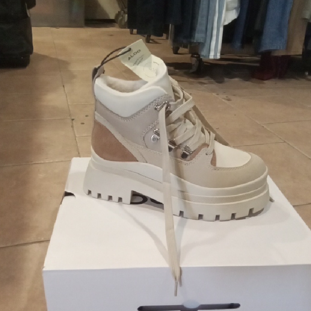 Aldo Neutral Beige & Tan Lace-Up Platform Ankle Boots